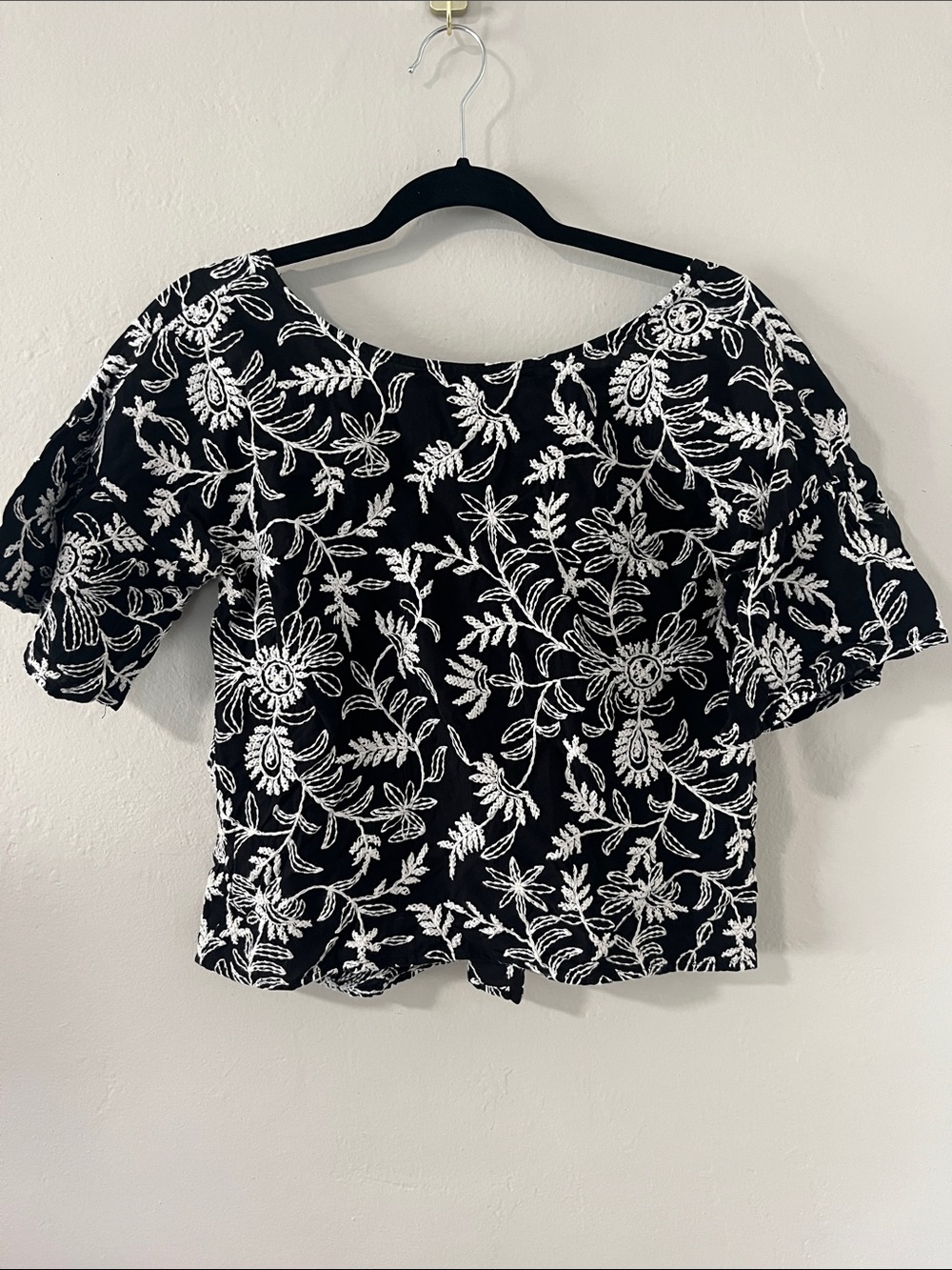 Anthropologie Black Blouse with White Floral Embroidery